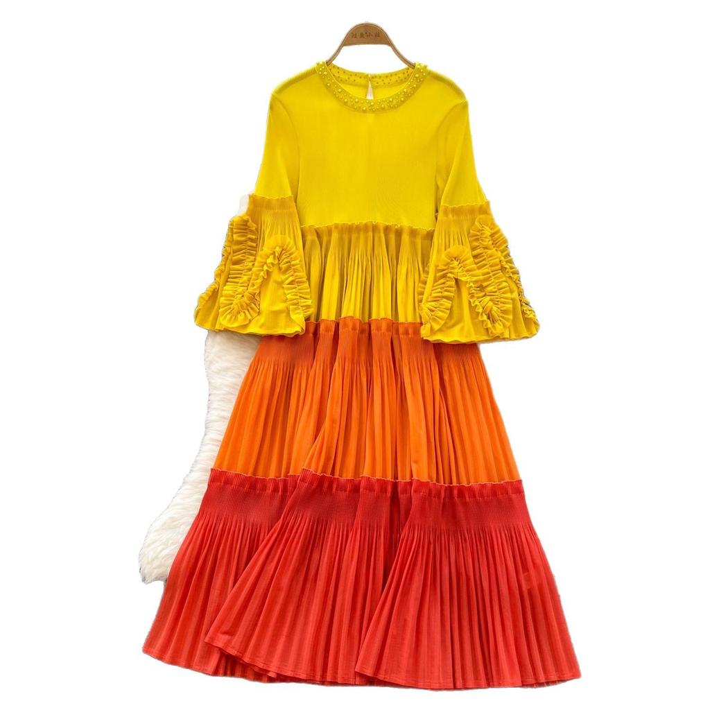 Miyake's New Color Matching Crew Neck Bead Temperament Large Size Women's Pleated Dress