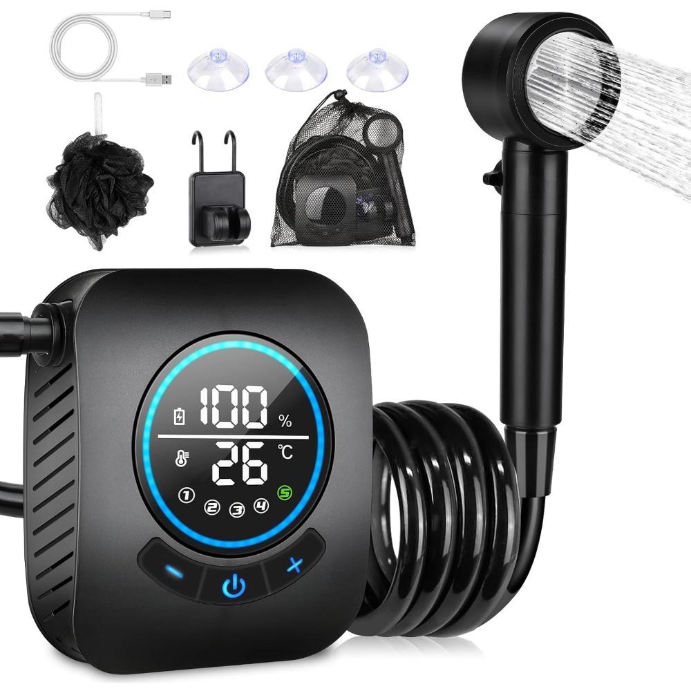 Portable camping shower, upgraded version, 8000mAh rechargeable camping shower, 5 adjustable fan speeds, 4 spray modes, LED display, IPX8 waterproof.