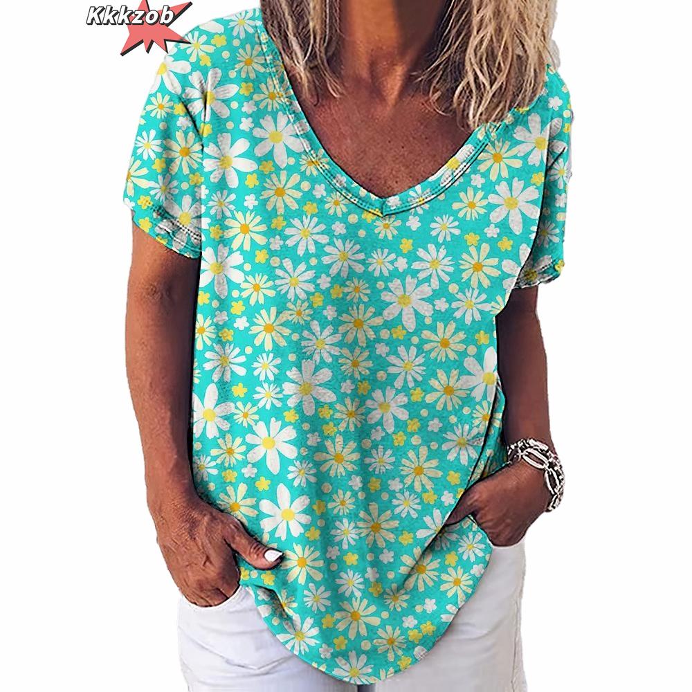 Vintage Print Top Women Short Sleeved Streetwear Summer Tee Women's Fashion Casual V Neck T Shirts Y2k Oversized Female Clothing