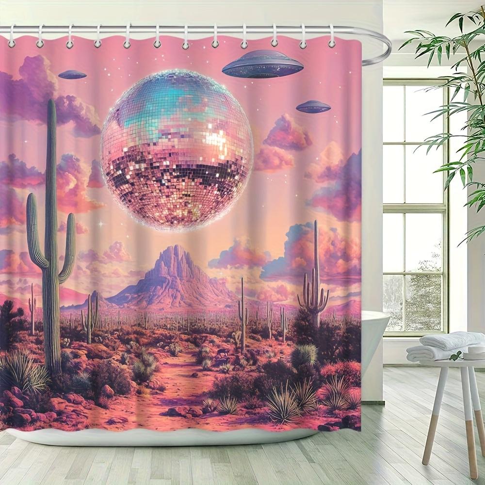 1pc Retro 70s Disco Shower Curtain - Pink & Purple Cactus, UFO, Disco Ball & 70s Psychedelic Sky Design, Quick-Dry with 12 Hooks