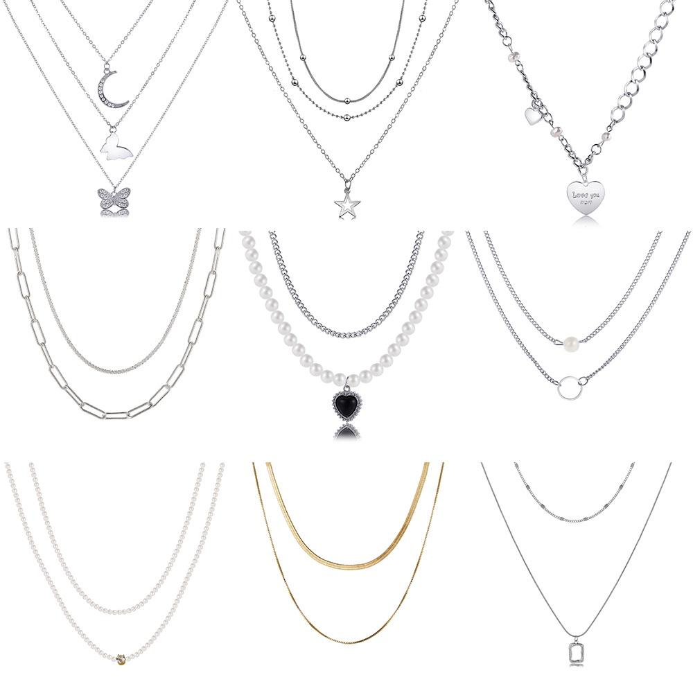 iF ME Fashion Butterfly Lock Heart Pendant Necklace Retro Multilayer Gold Silver Chain Choker for Women Accessories Jewelry