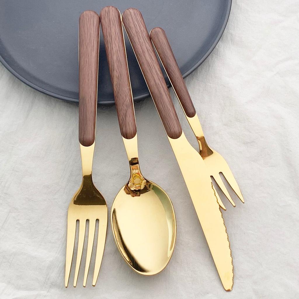 4Pcs Gold Besteck Set Edelstahl Geschirr Holzgriff Geschirr Glänzend Messer Gabel Löffel Westlichen Küche Besteck Set