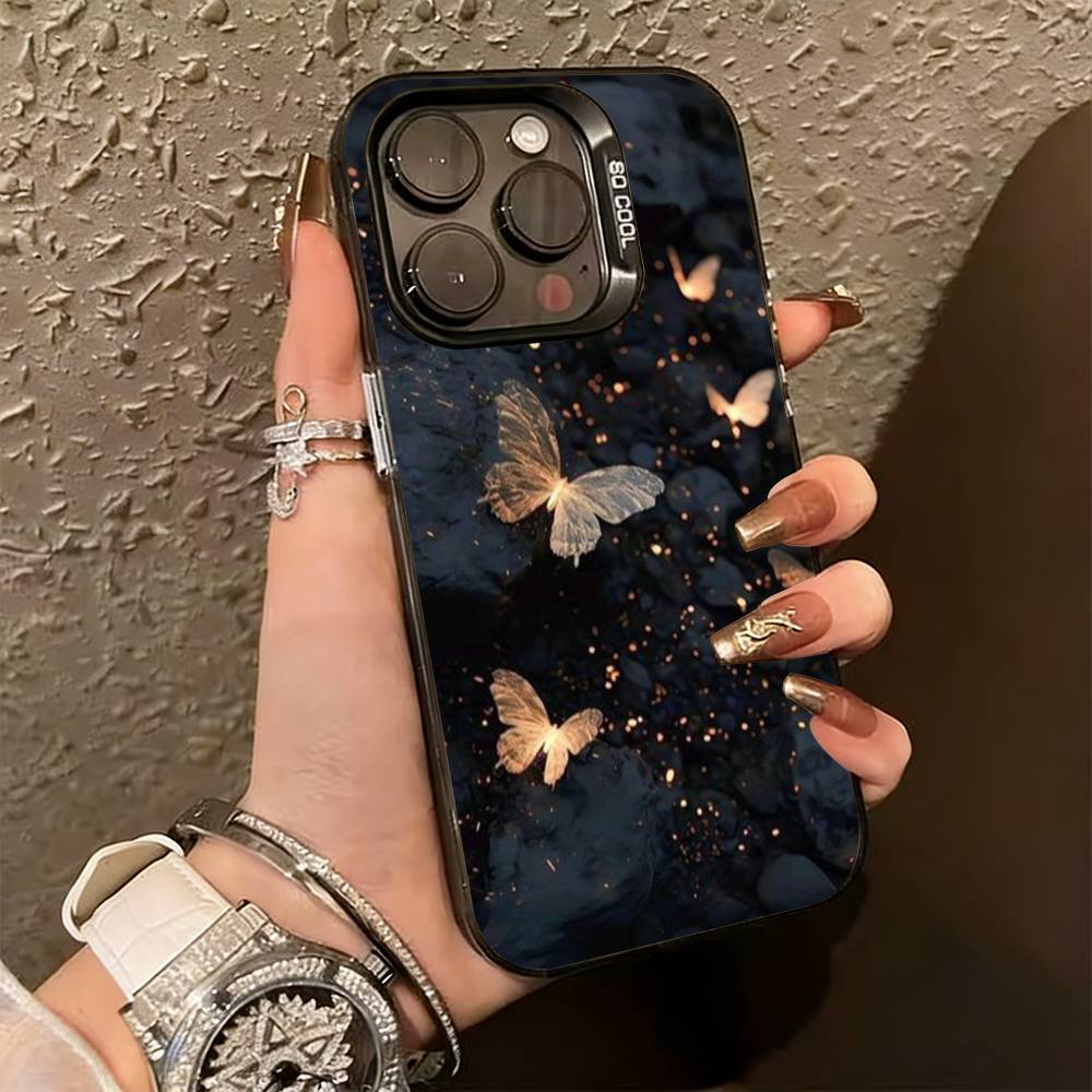 G-Glow In the Dark B-butterfly  Phone Case For iPhone 17,16,15,14,13,12,11 Plus,Pro Max,XS,Colored Silver Plated Inside Cover