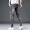 Letter Embroidery Fashion Brand Jeans for Men's Spring New Grey Straight Tube Elastic Pants for Men's Printed Pants