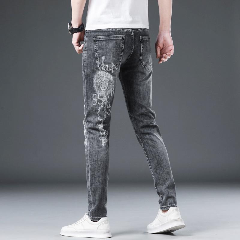 Letter Embroidery Fashion Brand Jeans for Men's Spring New Grey Straight Tube Elastic Pants for Men's Printed Pants