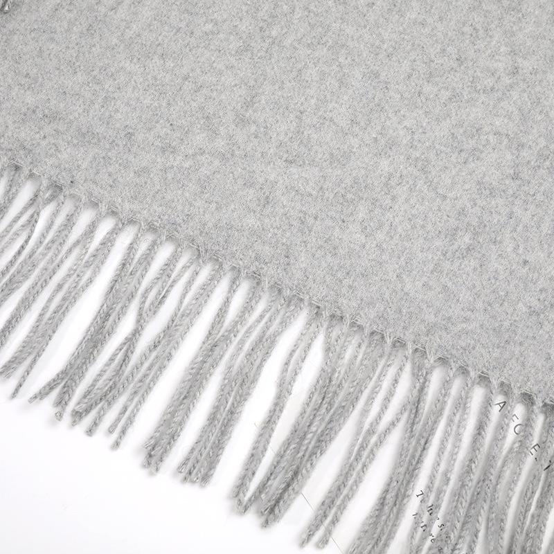 Wool and Cashmere Scarf: Gray Solid Color with Fur Trim, Warm Tassels for Autumn and Winter