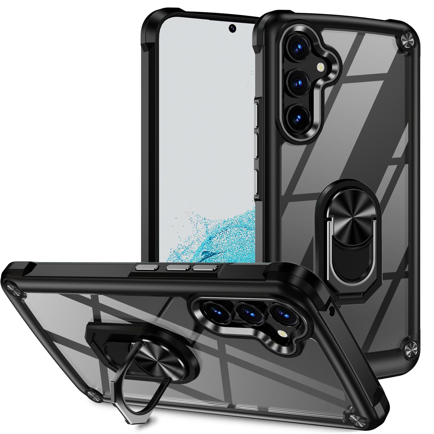 

For Samsung Galaxy A34 5G Alloy Lens Frame Phone Case PC+TPU Anti-drop Cover with Ring Kickstand Black