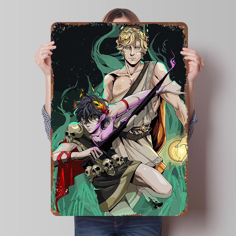 Hades Spiel Fanart Zagreus und Apollo Blechposter Benutzerdefinierte Wandkunst Vintage Retro Metallschilder für Gamer Zimmer Dekoration