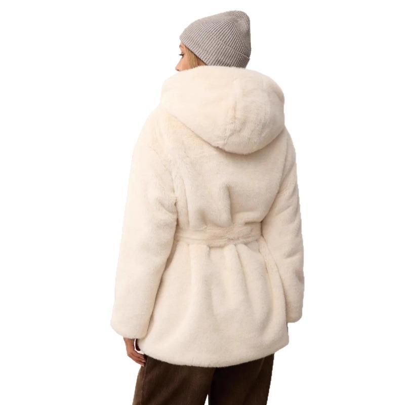 Women Mid Length Hooded Belted Faux Mink Fur Winter Overcoat