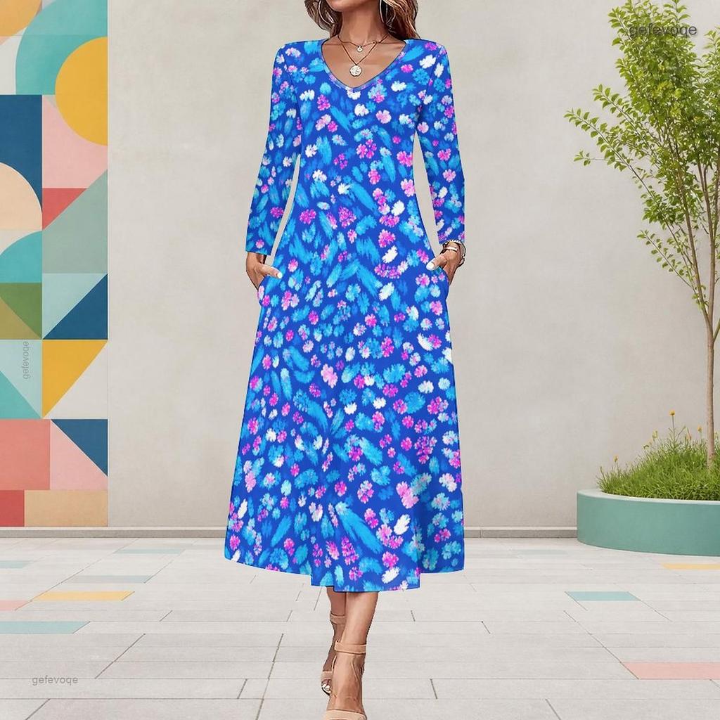 Women Plus Size V Neck Long Sleeve Blue Printed A Line Midi Dress With Pockets