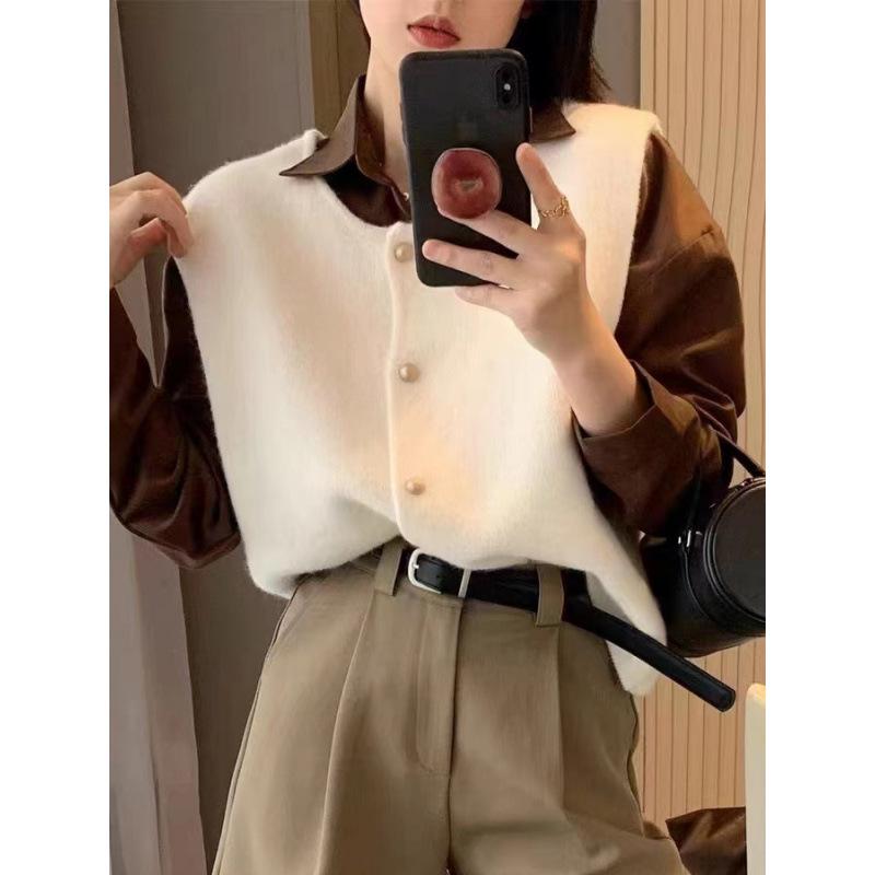 YS Women's Korean Style Slim Fit Layered Sweater Vest - Autumn/Winter Round Neck with Gold Buttons