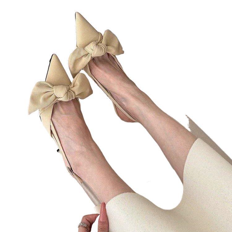 Spring Shallow Mouth Pointed Head Thin Heel Elastic Band Bow Elegant High Heel Muller Shoes Sandals Women'S Shoes
