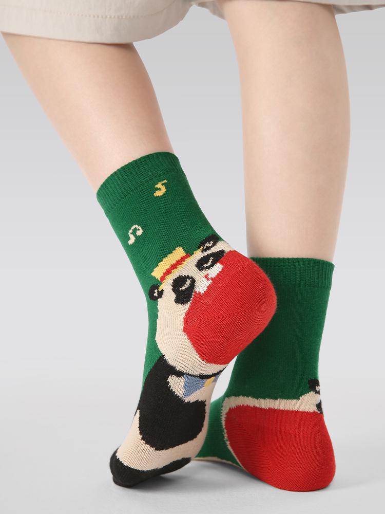 Kids' Seamless Cartoon Animal Color Block Mid-Calf Cotton Socks for Autumn & Winter Sports