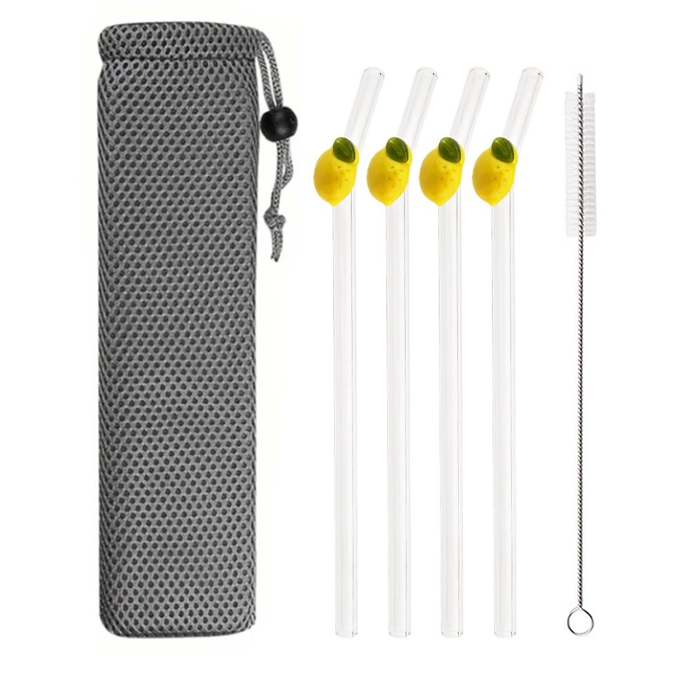 200*8mm Drinking Straw Set with Brush 4/5pcs Lemon Glass Straws High Borosilicate Bent Glass Straw Home Party Bar Drinkware