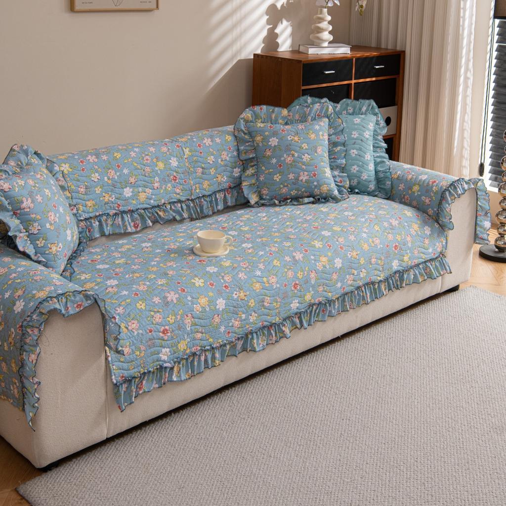Spring Light Blue Floral Quilting Sofa Cover, For Living Room 1/2/3/4 Seater Couch Seat Cover Slipcover Sofa Towel With Ruffles