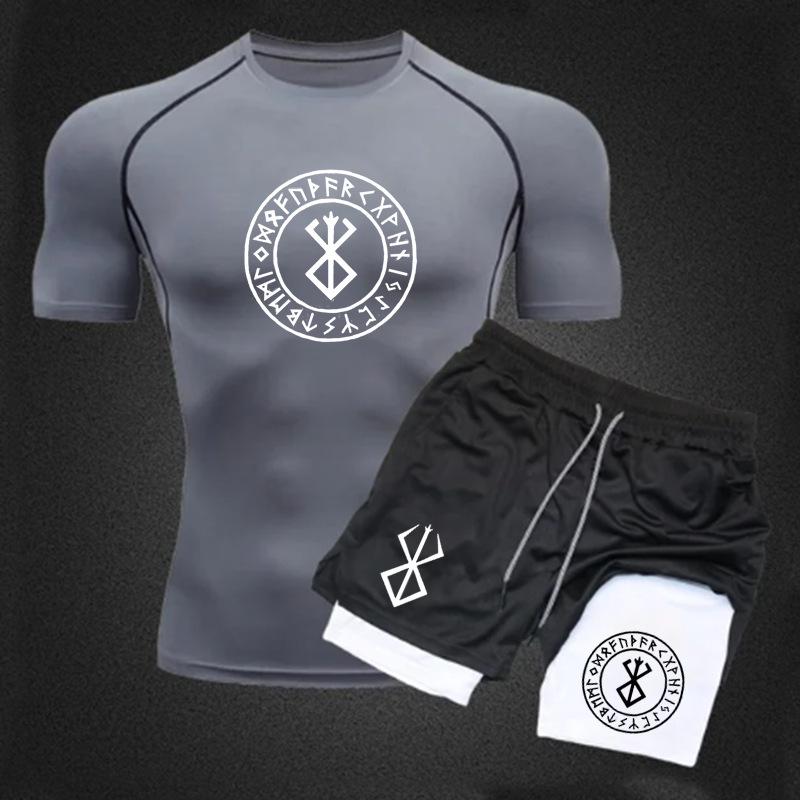 Men's Anime Double-Layer Quick-Dry Shorts & Tee Set for Outdoor Running & Fitness