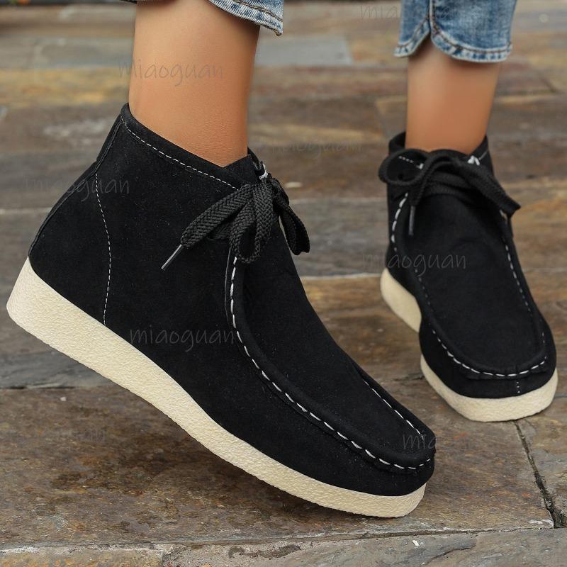 Women's Flat Single Boots Autumn New Round Head Suede Front Lace-up Soft Sole Non-slip Ankle Boots Botas Para Mujer
