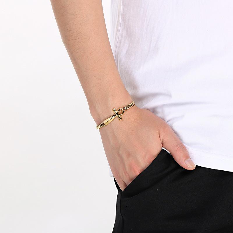 Distressed Egyptian Ankh Cross Bracelet, Personalized Titanium Steel Jewelry for Men & Women