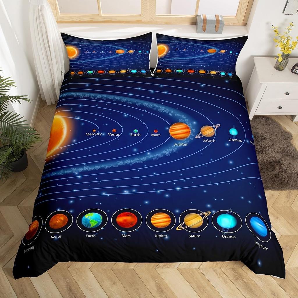 Space Themed Bedding Set Galaxy Outer Space Duvet Cover Set Full Queen For Boys Girls Earth Planets Moon Stars Comforter Cover