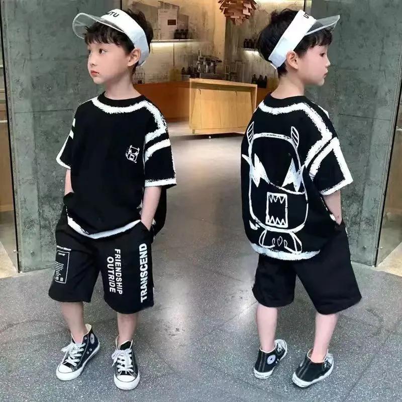 Boys Summer Casual Contrast Alphabet Graffiti T-Shirt Top+Shorts Pant Set School Kids Tracksuit Child 2PCS Outfit