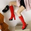 Red Patent Leather Women Knee High Platform Boots Chunky Heels White Dress Party Ladies Lace-up Round Toe Long Motorcycle Boots