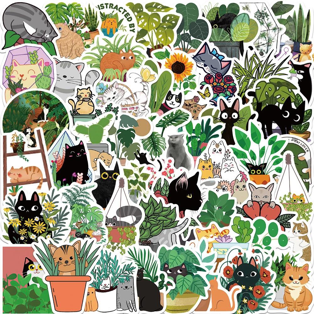 50Pcs Creative Plant And Cat Stickers Cartoon Pvc Decal Funny Diy Toy Decoration Phone Suitcase Laptop Fridge Cute Sticker