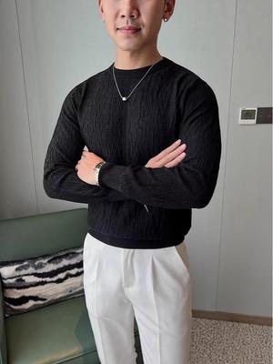 Men's Slim Fit Round Neck Jacquard Knitwear - Korean Style Autumn/Winter Collection