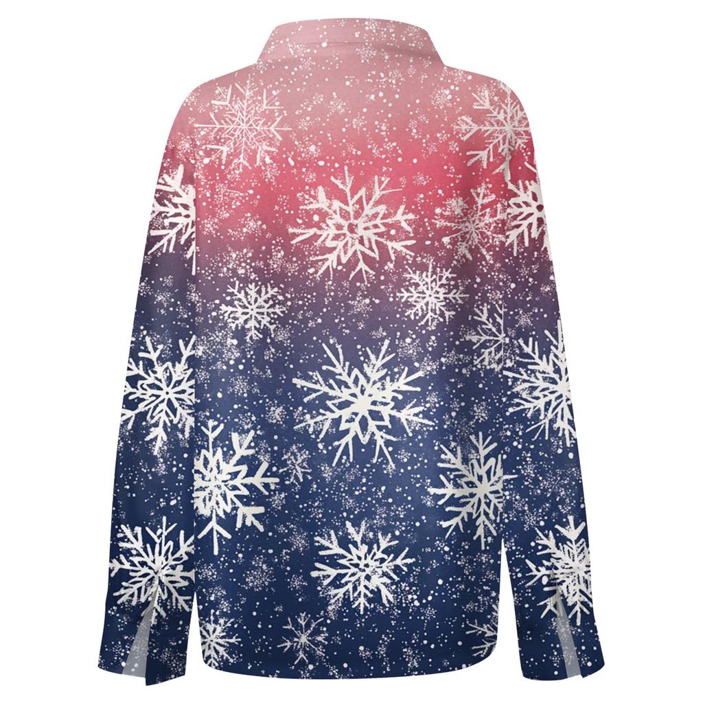 Skjortebluse for kvinner Juletrykkknapp Langermet Casual Basic skjortekrage Vanlig topp