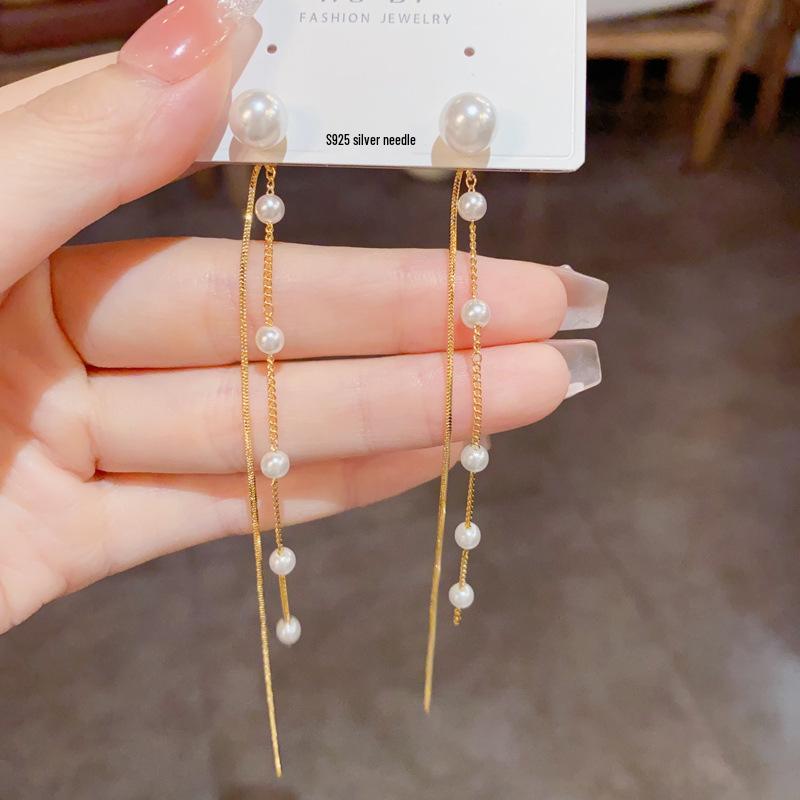 Korean Style Versatile Pearl Tassel Earrings - Slimming Effect, Chic & Sweet Design
