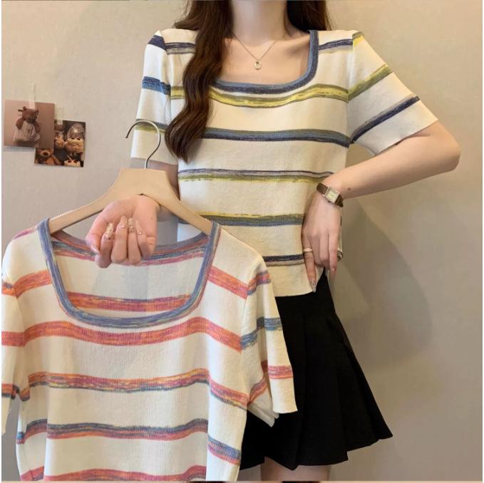 Women's Summer Rainbow Stripe Ice Silk T-Shirt, Plus Size, French Square Neck, Short Sleeve, Slimming Top