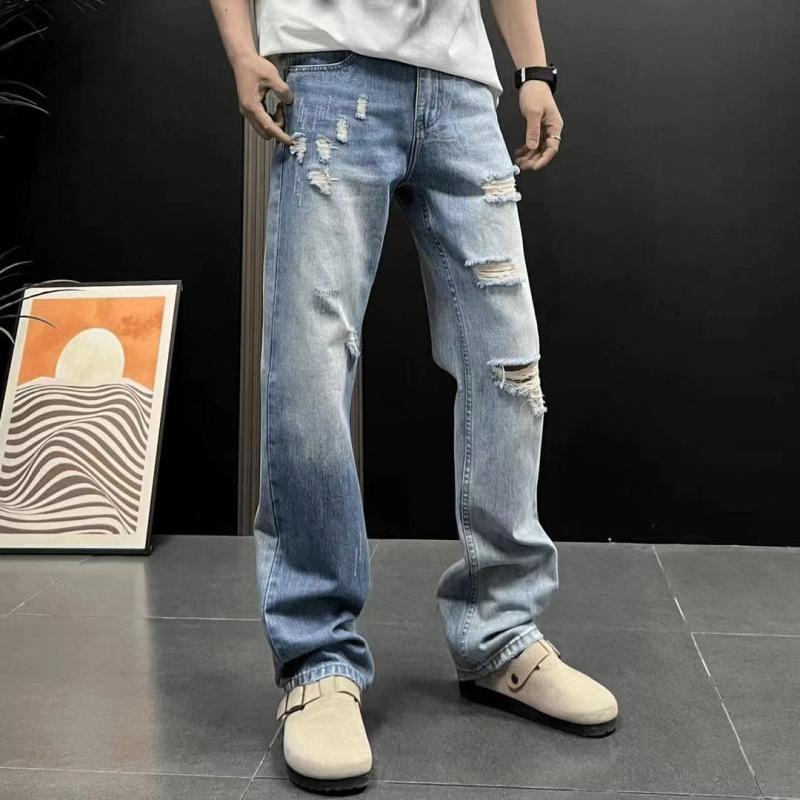 Spring and Summer American Ripped Scratched Retro Trend Fashion Washed Versatile Men's Narrow Straight Jeans Pants Tide