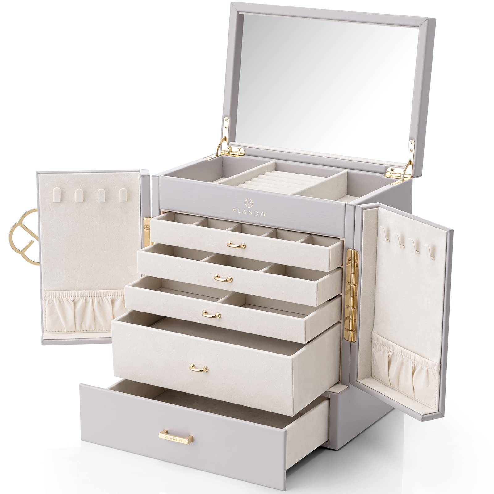 

Vlando Jewelry Box Large Capacity Accessory Wooden Leather Trinket Storage Hidden Storage Space Drawer Divider Jewelry Storage Case Present Women сірий колір
