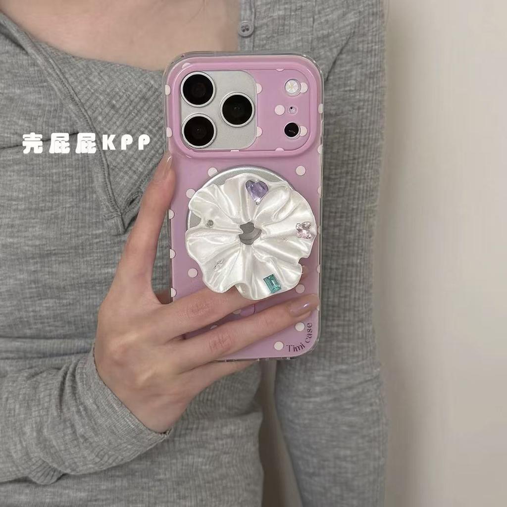 Ins Gentle Purple Polka Dot Temperament White Porcelain Flower for iPhone17promax Apple 16 Mobile Phone Case 15 Bracket