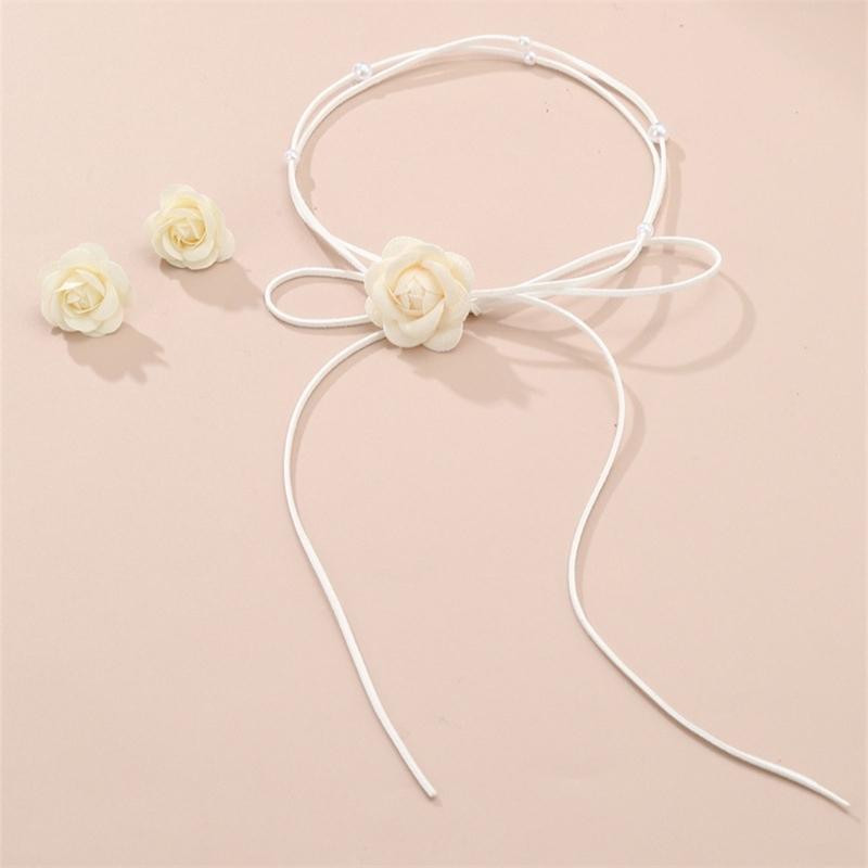 Stylish Camellia Jewelry Set Unique Flower Beaded Necklace and Earrings Floral Theme Neckchain Ear Studs Ornament