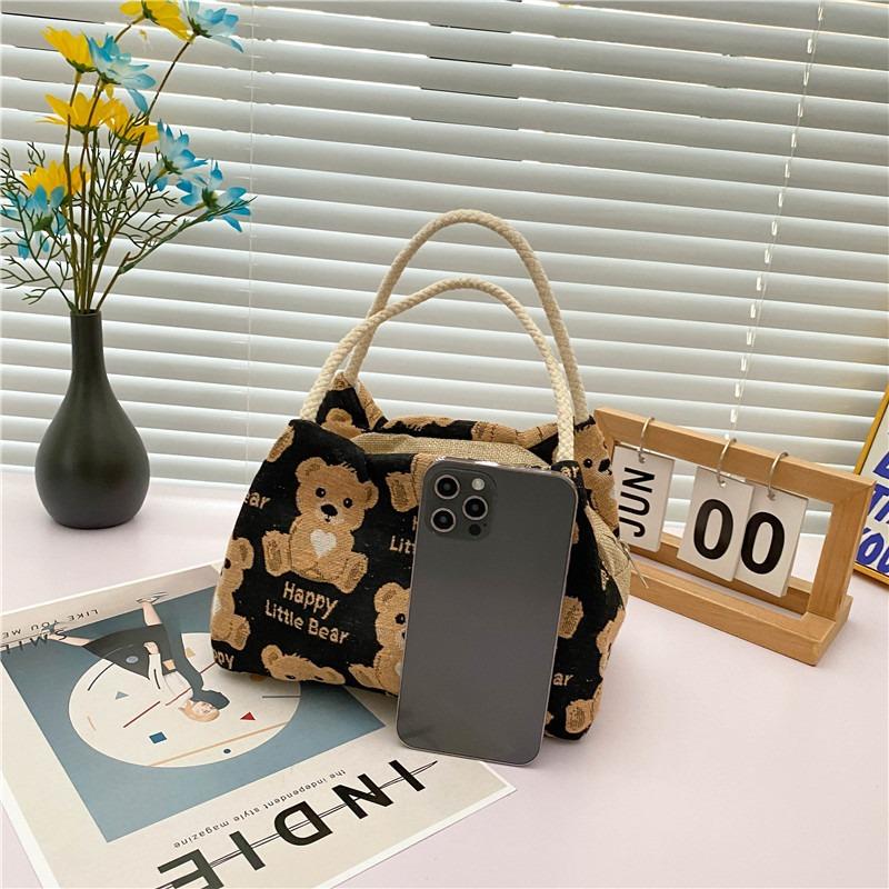 Linen Handbag Women New Cute Cartoon Bear Lunch Box Fresh Artistic Student Tutoring Bag