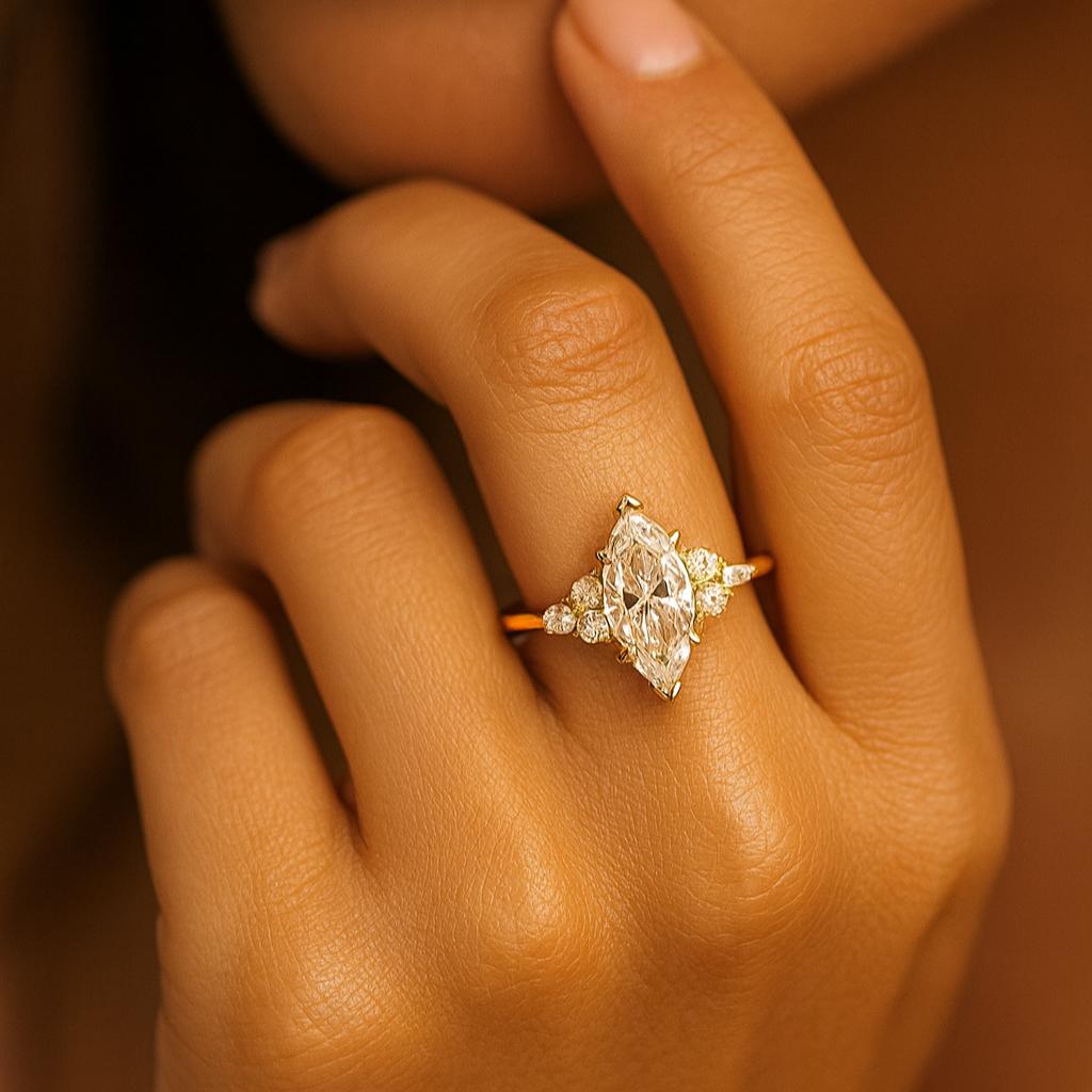 Moissanite Wedding Engagement Ring, Cluster Wedding Ring, Yellow Gold Plated Ring, Birthday Gift for love
