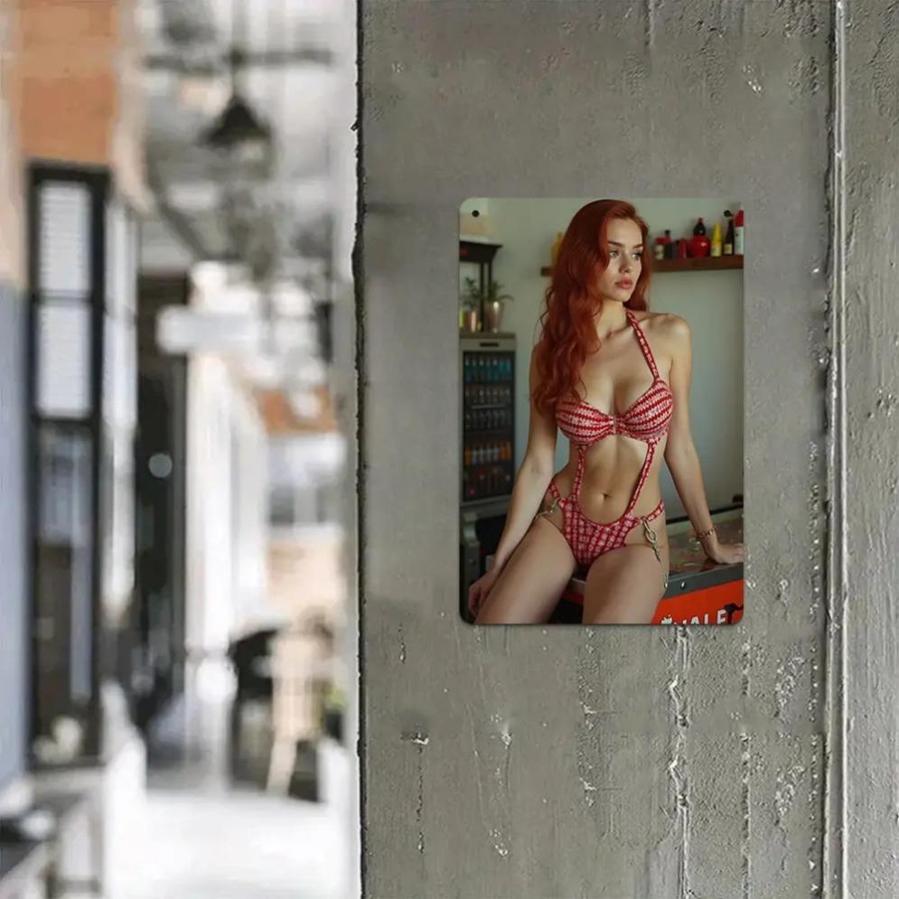 Винтажный ретро металлический настенный знак 1950-х годов, Железный постер с девушкой в бикини для бара, кафе, дома 20x30cm（7.8x11.8inch）