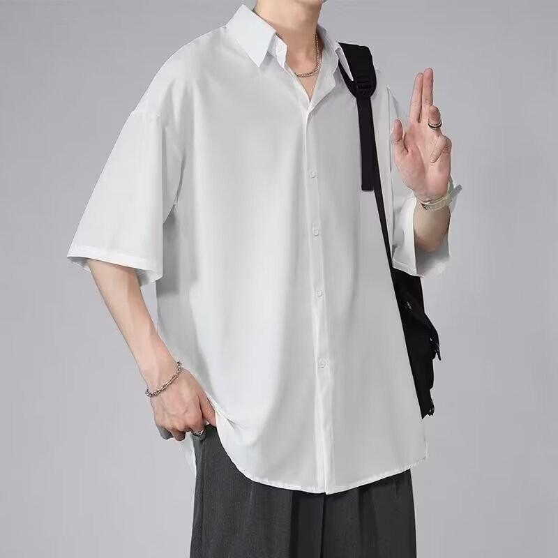 Men's Ice Silk Short Sleeve Shirt Casual Loose Fit Korean Style Shirt for Summer Thin Sleeve Casual Shirt