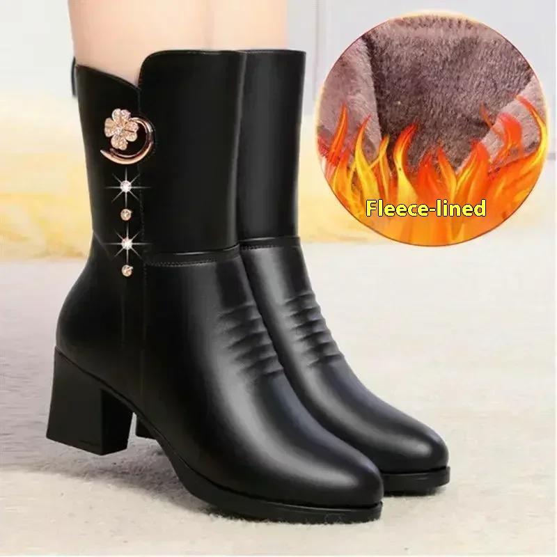 Casual  Mid-calf Boots for Womens Chunky High Heels Shoe Winter  Plush Warm Side Zipper Modern Boot Black Red Botas