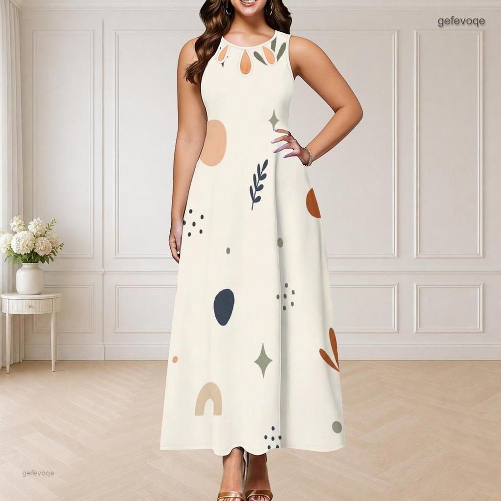 Women Plus Size Round Neck Triple Keyhole Cutout Sleeveless Printed Long Dress