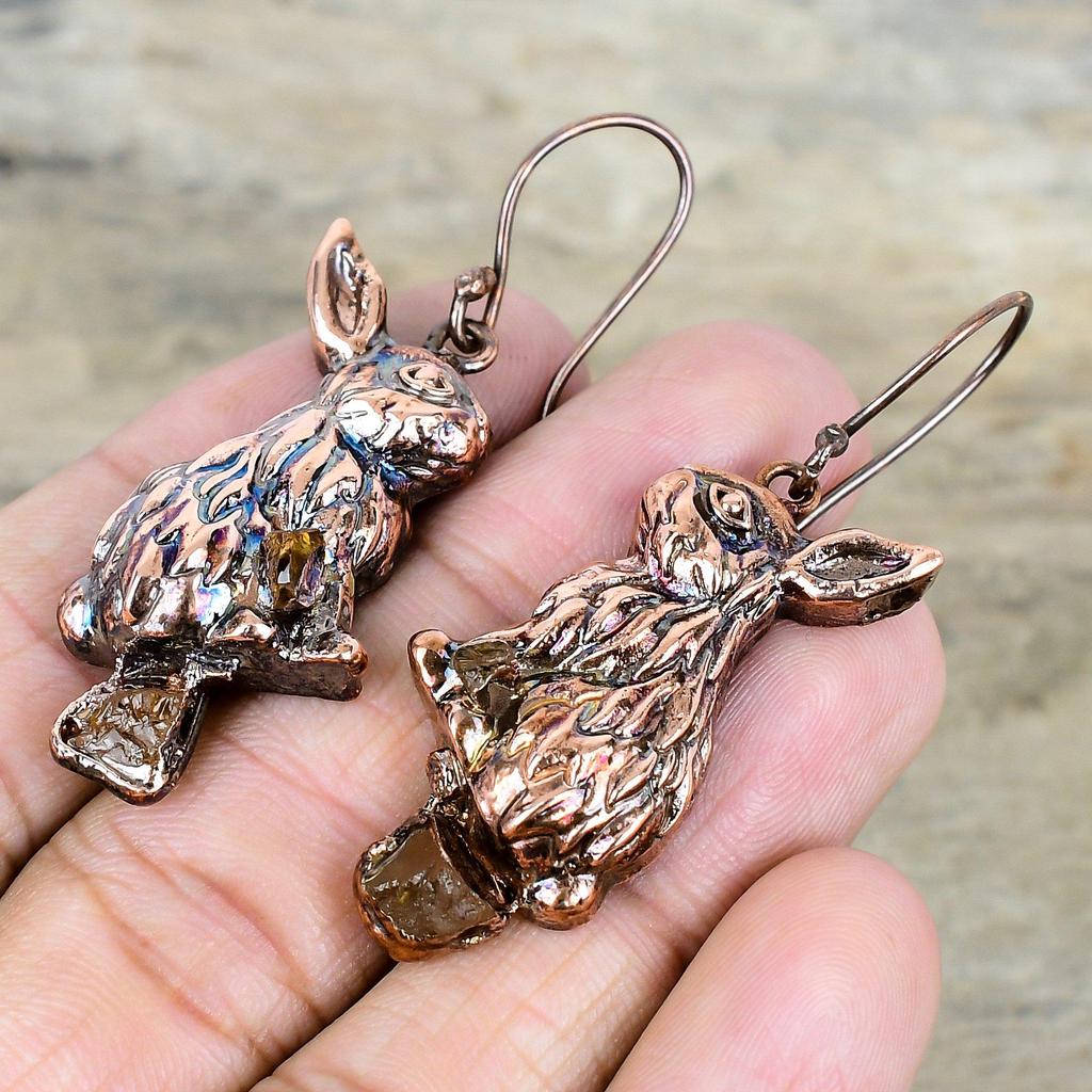 Citrine Rough Earring Electroformed Copper Earrings Handmade Rabbit Earring Gemstone Jewelry Unique Copper Jewelry Dangle Earring for Gifts