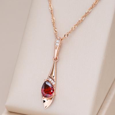 New  Rose Gold Color Long Pendant Necklace For Women Red Natural Zircon Bride Vintage Wedding Jewelry Daily Wear Gift