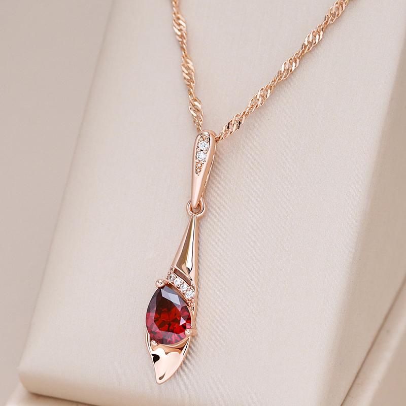 New  Rose Gold Color Long Pendant Necklace For Women Red Natural Zircon Bride Vintage Wedding Jewelry Daily Wear Gift