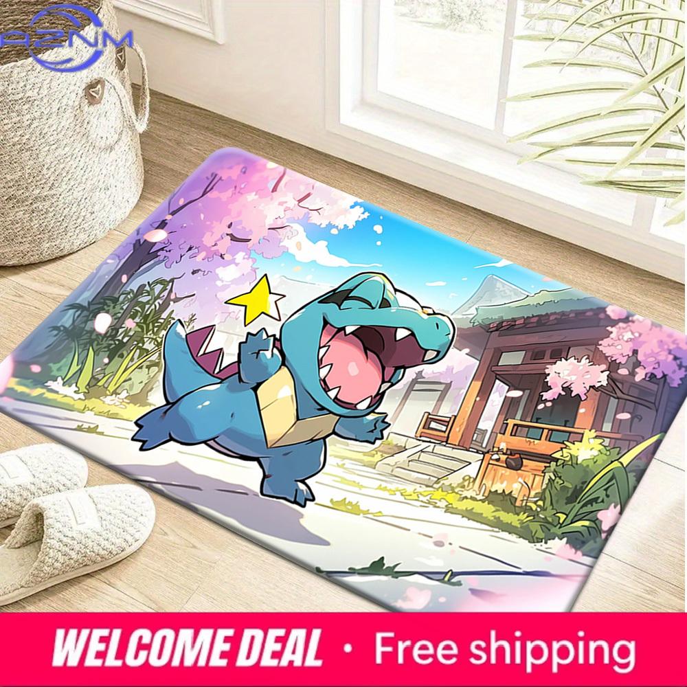 Cute Totodile Cherry Blossom Japanese Scenery Soft Non-Slip Absorbent Home Bathroom Entry Doormat Floor Rug 40cm x 60cm