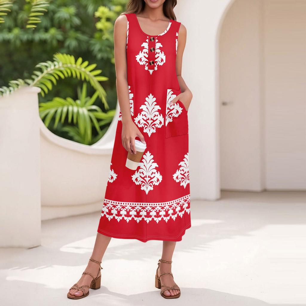 Women's Summer Casual Fashion Retro Printed Sleeveless Button Casual Long Dress