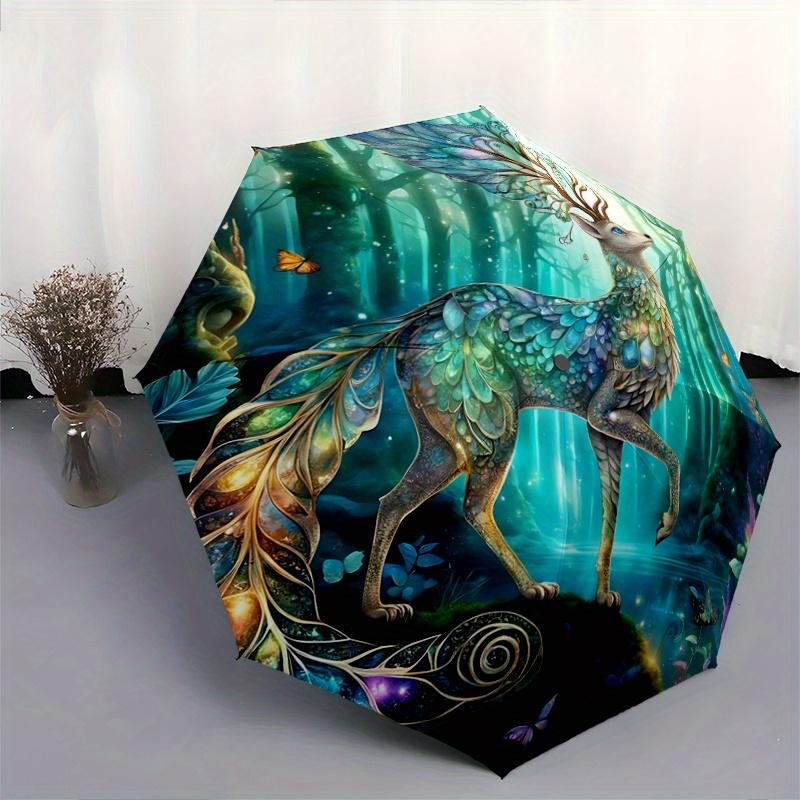 1pc Mystical Deer with Wings and Antlers In a Luminous Woodland Setting Automatic Opening and Closing Umbrella - Small Umbrella Suitable for Vari