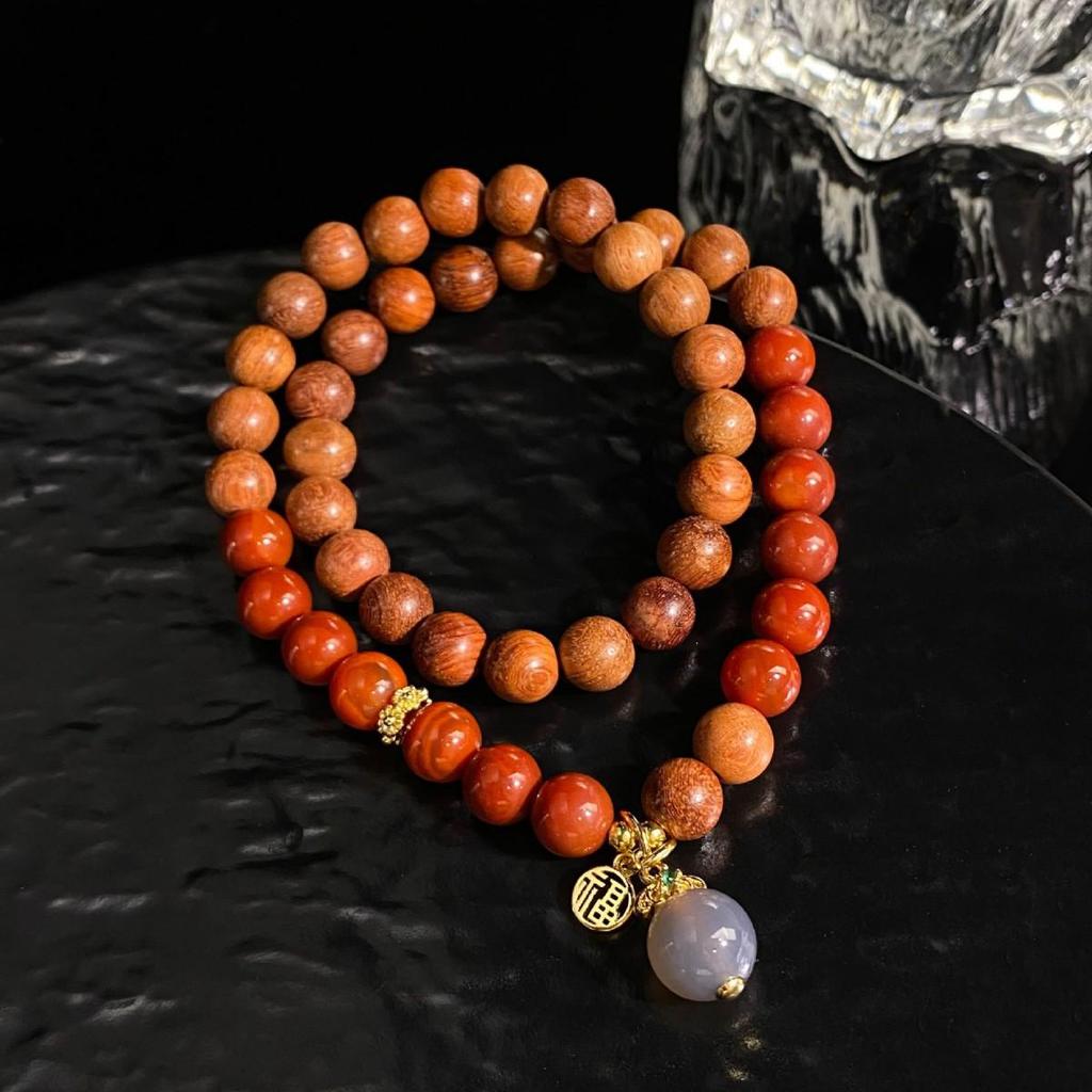 Jingxi Crystal Red Agate & Pear Wood Double Loop Bracelet - DIY Creative Mix & Match in New Chinese Style