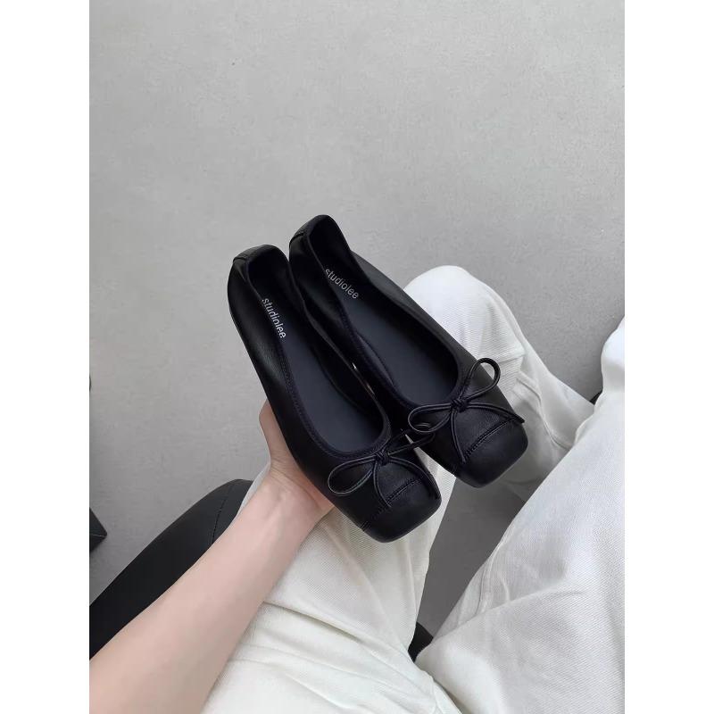 Sheepskin version~ Splicing square head with one pedal bow single shoes women's flat leather ballet shoes