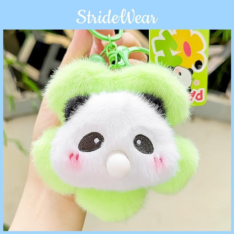 Playful Panda Flower Head Plush Keychain Colorful Cartoon Keyring Animal