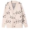 Women's V Neck Printed Knitted Cardigan Autumn Winter Loose Thick Plus Size Sweater Jacket